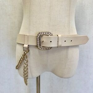 Beige Genuine Leather Chain Belt Gold Tone Buckle Women's Size S/M